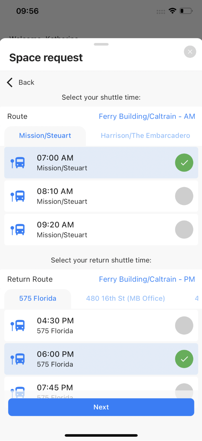 Mobile app shuttle request screen